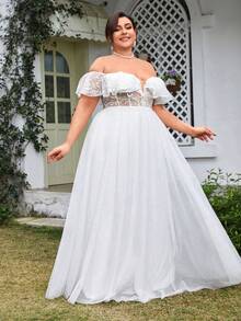 Cộng với váy cưới dài ren thêu, lá diềm xếp nếp, vải mỏng, lưới nối - trắng - Xem 6