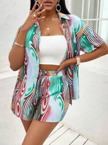 Zolique Women Two-piece Outfits Blok Warna All Over Print Pola Bertekstur Casual Boho - Mint Blue - View 6
