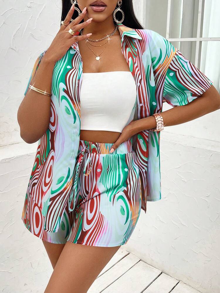Women Summer Casual Random Print Short Sleeve Shirt And Shorts Set