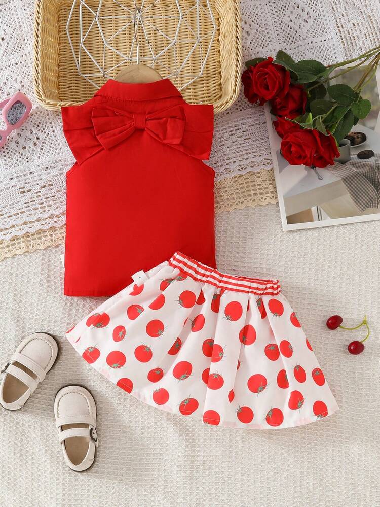Baby Girls Cute Tomato Patterned Skirt And Top With Large Bow Knot Design At The Back, Countryside Style