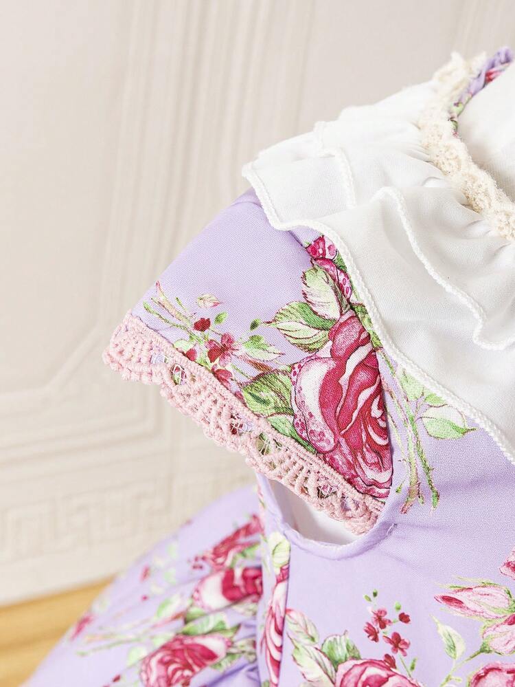 Fashionable  Digital Printed Pink Bowknot Double Layer Floral Lace Round Neck Princess Dress For Baby Girl