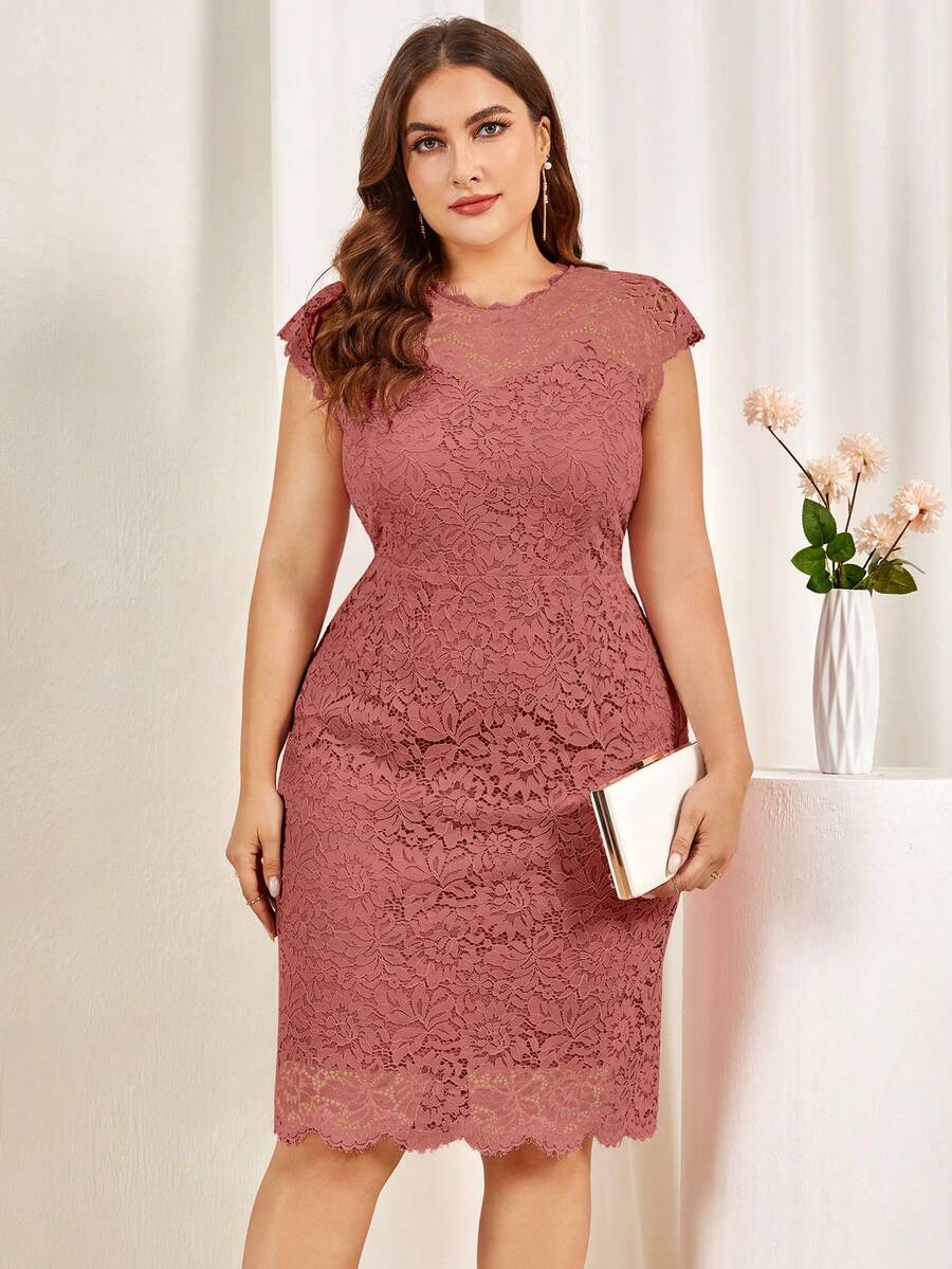 MIUSOL 大碼優雅拉鍊 扇型純色連衣裙 - 藕粉色 - 查看 1