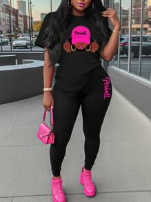 SHEIN VaVaLuxe Women Casual Round Neck Short Sleeve T-Shirt And Leggings Set With Character Print For Daily Wear In Spring And Summer