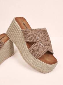 Styleloop 女士时尚编织坡跟高跟鞋，配黄麻绳，波西米亚风复古法式鞋，万圣节圣诞节秋季 - 卡其色 - 查看 5