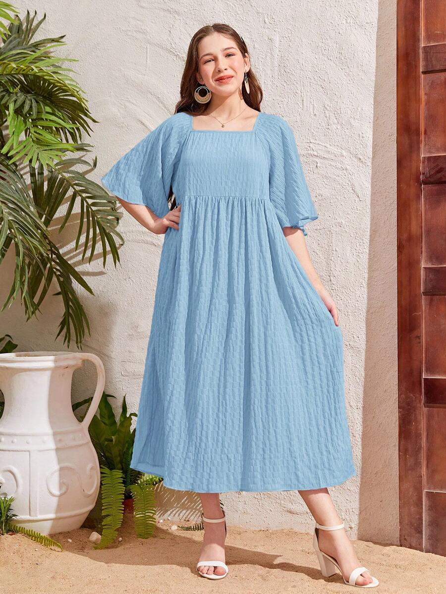 SHEIN Vestido casual tipo A de cintura alta con cuello cuadrado de manga abullonada y textura tejida para adolescente - Celeste - Ver 1