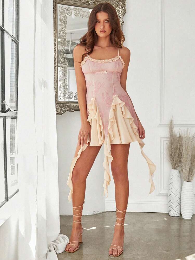 Women Pink/Yellow/Beige Ruffle Trim Bow Detail Knot Lace Spaghetti Strap Hidden Zipper Lingerie-Inspired Dress