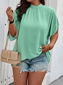 Celure Chemise Casual à manches chauve-souris unicolore taille plus avec col rond et lien pour printemps/été