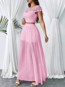 SHEIN Privé 女性蕾絲T恤和透明雪紡A字裙套裝，為優雅的假日或婚禮季節而設 - 粉色 - 查看 4