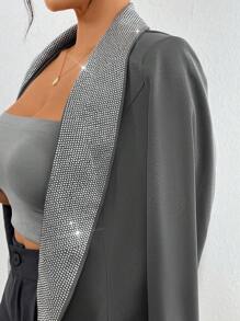 SHEIN Privé Shiny Diamond-Decorated Patchwork Lady Long-Sleeved Shawl Collar Blazer Jacket - Dark Grey - View 6