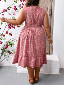 SHEIN CURVE+ 大碼女士夏季波點印花收集腰V領無袖寬鬆連衣裙 - 淺藍色 - 查看 2