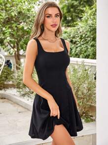SHEIN Privé Solid Square Neck Mini Skater Black Dress - Black - View 5
