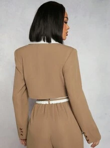 SHEIN Unity Blazer Corto Con Botones Y Solapa De Contraste - Caqui - Ver 2