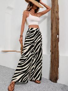 SHEIN LUNE Women's Zebra Stripe Wide Leg Pants Fall Cloth For Women - Multicolor - View 6