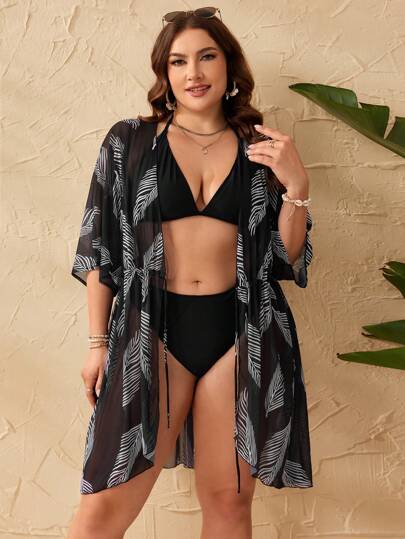 Swim Lushoire Kimono diario simple con cintura de cordón y estampado tropical plus