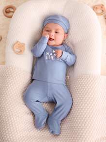 Cozy Pixies Newborn Baby Boy Slogan Graphic Tee & Footed Pants & Hat PJ Set - Dusty Blue - View 3