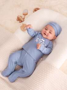 Cozy Pixies Newborn Baby Boy Slogan Graphic Tee & Footed Pants & Hat PJ Set - Dusty Blue - View 5