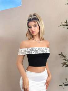 Sweetina Sexy Lace Patchwork Off Shoulder Bodycon Cropped Top For Summer
