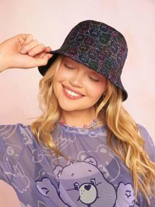 SHEIN X Care Bears Cartoon Bear Pattern Double-Sided Sun Protection Daily Stylish Black Bucket Hat - Black - View 3