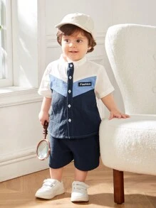 SHEIN Baby Boy Baby Girl Decorative Woven Label Contrast Color Short Sleeve Open-Front Top With Solid Color Shorts 2pcs Set - Blue - View 8