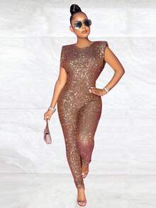 Women's Glamorous Sleeveless Sequins Backless Long Party Jumpsuit With Zipper, High Stretch Fabric For An Alluring Look,Sleeveless Round Neck Sequined Waist Cinching Jumpsuit,Fall Women Clothes ,Winter Jumpsuit Women,Halloween Costume,New Year Clothes - Coffee Brown - View 4