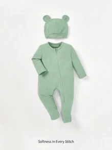 Cozy Pixies Newborn Baby Boy Solid Zip Up Sleep Jumpsuit & 3D Ear Design Hat - Mint Green - View 1