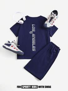 SHEIN Bộ quần áo thun tay ngắn raglan và quần short thiết kế in chữ màu trơn cho bé trai tuổi mới lớn - Màu xanh lam - Xem 8