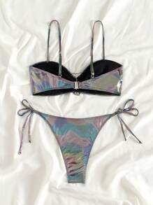 SHEIN Swim 细肩带拼色比基尼套装，带圆环装饰，非常适合夏季度假海滩穿着 - 黑色 - 查看 7
