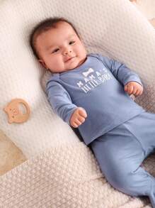 Cozy Pixies Newborn Baby Boy Slogan Graphic Tee & Footed Pants & Hat PJ Set - Dusty Blue - View 6