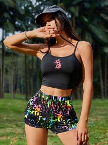 SHEIN EZwear Ink Splatter Colorful Print Drawstring Women Shorts - Multicolor - View 5