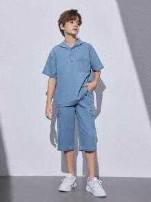 Tween Boy Fashionable Casual Streetwear Short Sleeve Hooded Denim Top And Workwear Denim Suit - Light Wash - View 4