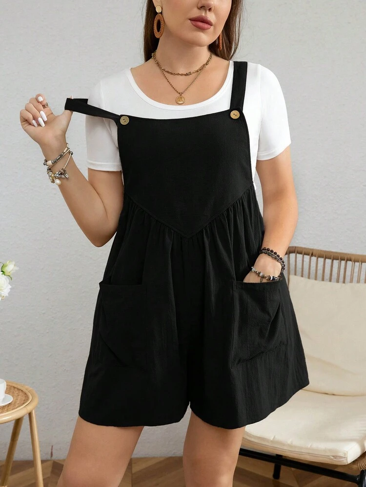 Plus Size Summer Casual Solid Color Pleated Romper With Double Pockets