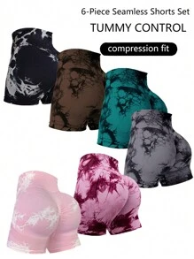 Easithlete 6 件扎染宽带腰运动短裤弹力短裤女士运动短裤、健身短裤、骑行短裤