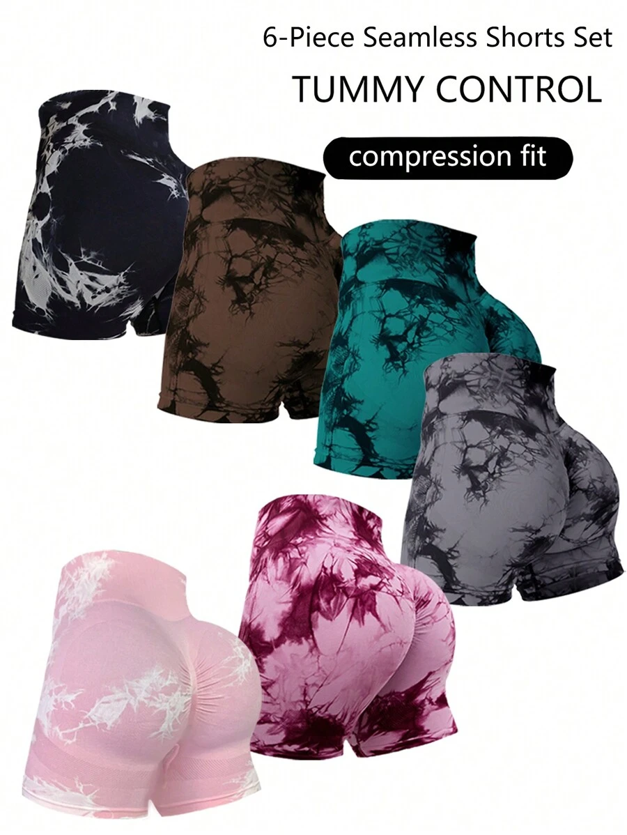 Easithlete 6 件扎染宽带腰运动短裤弹力短裤女士运动短裤、健身短裤、骑行短裤