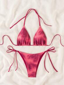 Swim Mod 2026 Frühling/Sommer Neu Zufälliger Rot Batik-Muster Träger-Neckholder Solide Futter Sexy Seitenbindung String Bikini 2 Stücke Badeanzug für Frauen