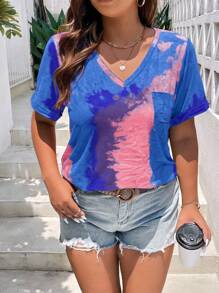 Calvaya Áo thun nữ tay ngắn cổ chữ V in họa tiết nhuộm ngẫu nhiên cỡ lớn mùa hè - Nhiều màu - Xem 5