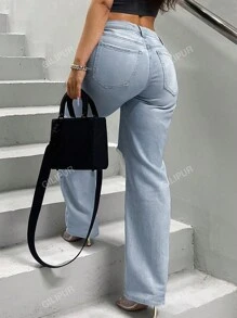Jeans holgados rasgados de pierna recta para mujer, versátiles para uso casual diario
