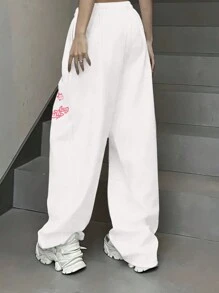 INAWLY Women's Fashionable Jogger Pants With Drawstring And Letter Print Design Graduation,Back To School Outfits,Graduation,Teacher Outfits For Women,Back To School Fall Cloth For Women - White - View 2