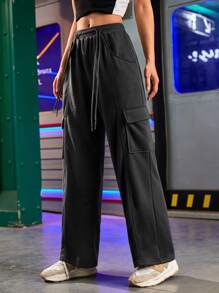 Streetz SHEIN Sport 女士純色束口褲，適合日常休閒和運動穿著，帶口袋 - 灰色 - 查看 1