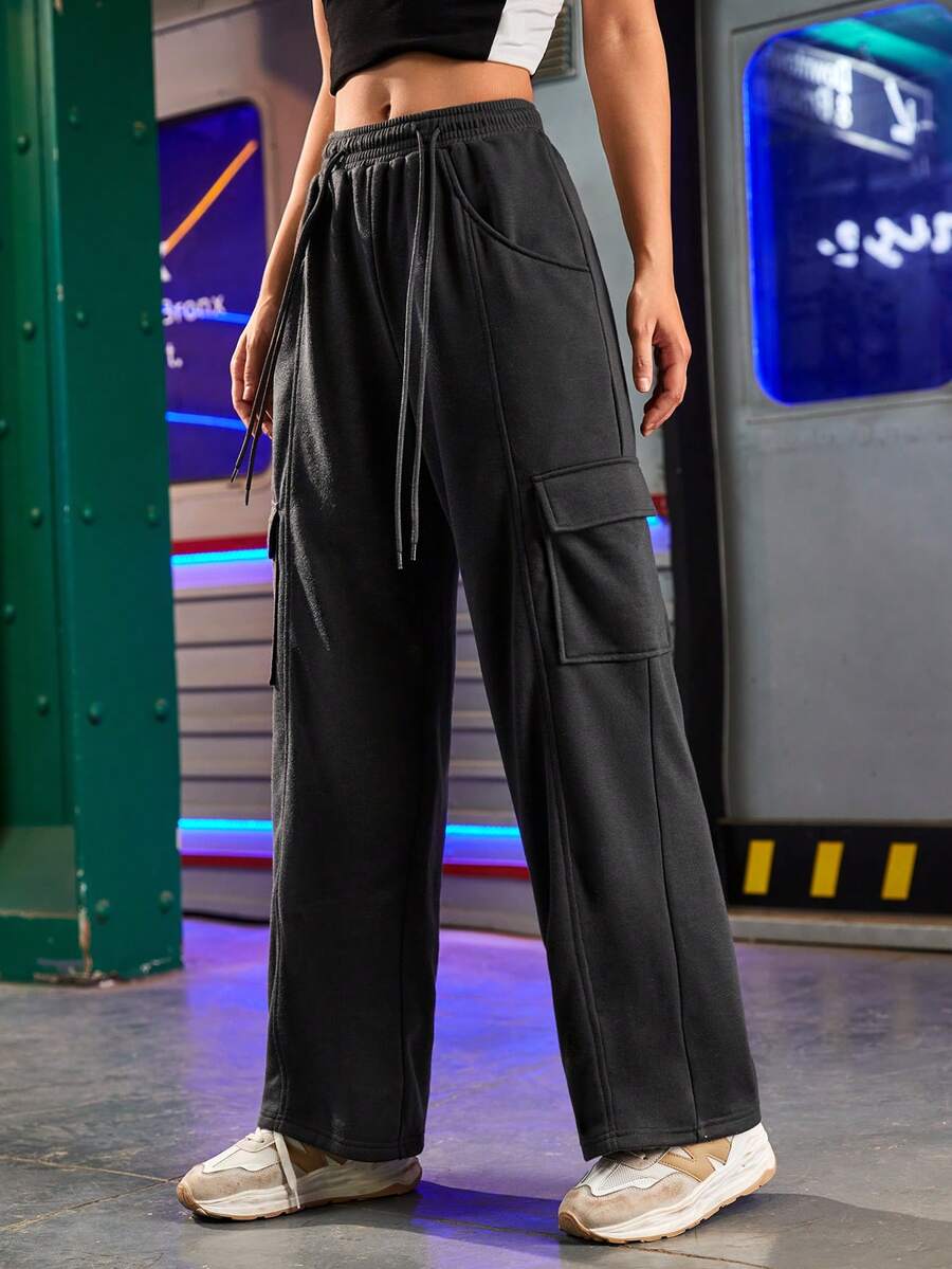 Streetz SHEIN Sport 女士純色束口褲，適合日常休閒和運動穿著，帶口袋 - 灰色 - 查看 1