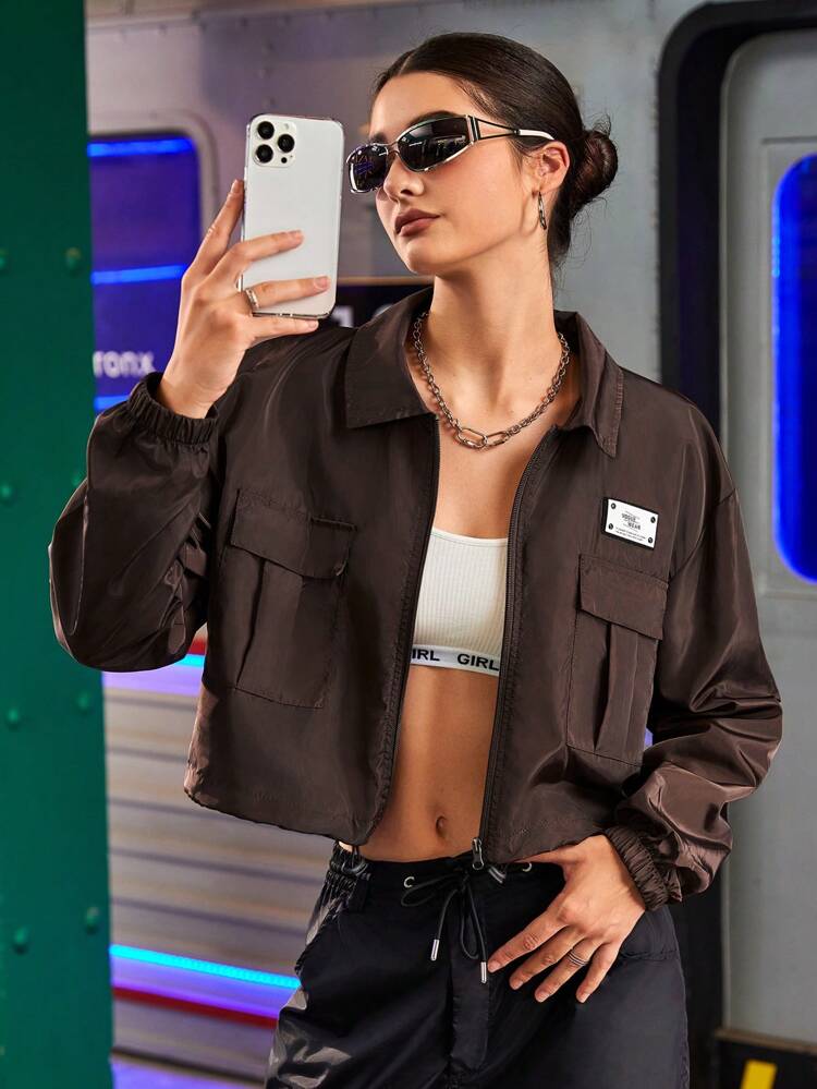 Women Solid Color Pocket Design Daily Long Sleeve Sport Jacket