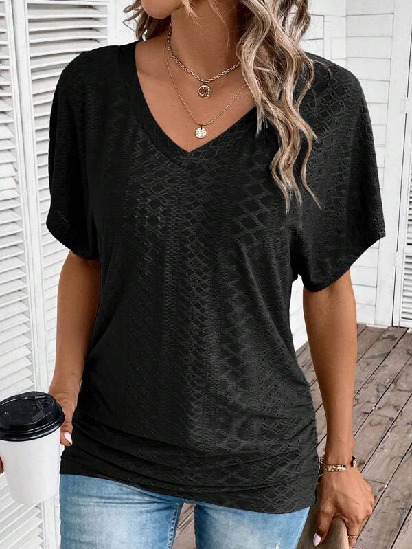 SHEIN LUNE Ladies" Solid Color Casual V-Neck Short-Sleeved T-Shirt For Daily Wear In Spring And Summer