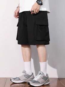 Manfinity EZcore 男士夏季休闲纯色抽绳腰工装短裤外出朴素街头装宽松黑色工装短裤，适合老公、男朋友的礼物 - 黑色 - 查看 1