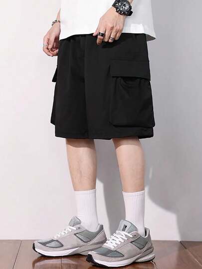 Manfinity EZcore Men Summer Casual Solid Color Drawstring Waist Cargo Shorts Going Out Plain Street Wear Baggy Black Cargo Shorts, For Husband, Boyfriend Gifts