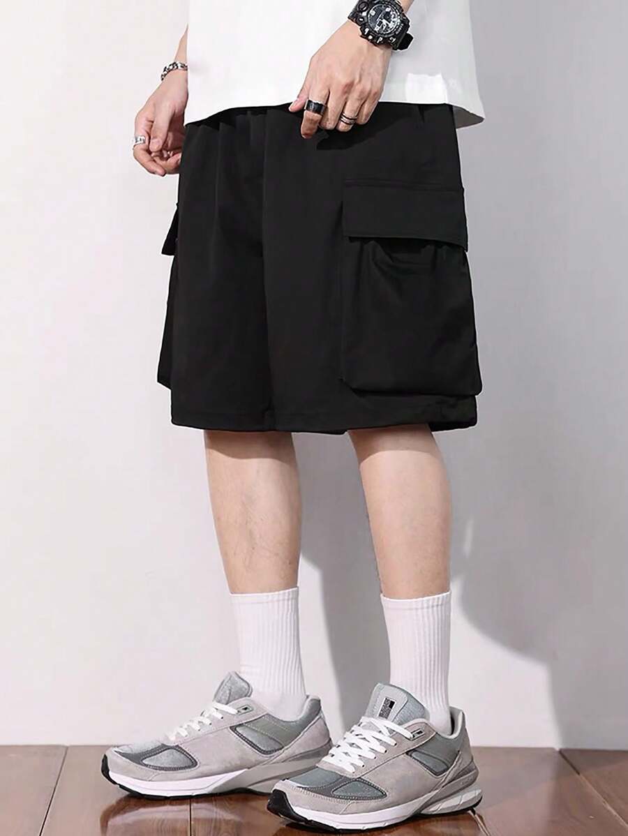 Manfinity EZcore 男士夏季休闲纯色抽绳腰工装短裤外出朴素街头装宽松黑色工装短裤，适合老公、男朋友的礼物 - 黑色 - 查看 1