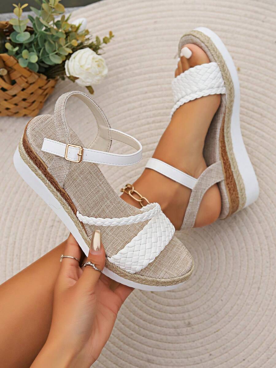 WRCVS Sandalias blancas para mujer con tiras, zapatos de cuña con plataforma de verano, sandalias de cuña elevadas con suela de cuerda de estilo bohemio, esencial para viajar