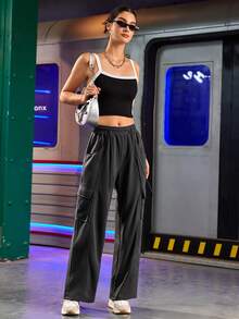 Streetz SHEIN Sport 女士純色束口褲，適合日常休閒和運動穿著，帶口袋 - 灰色 - 查看 4