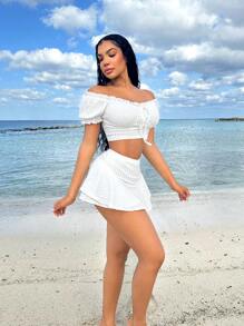 SHEIN SXY Conjunto de 2 piezas de vacaciones de verano con volantes y mangas estilo princesa, blanco, para playa