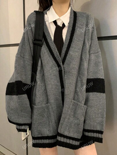 Women Casual Contrast Color Double Pocket Drop Shoulder Cardigan, Autumn/Winter