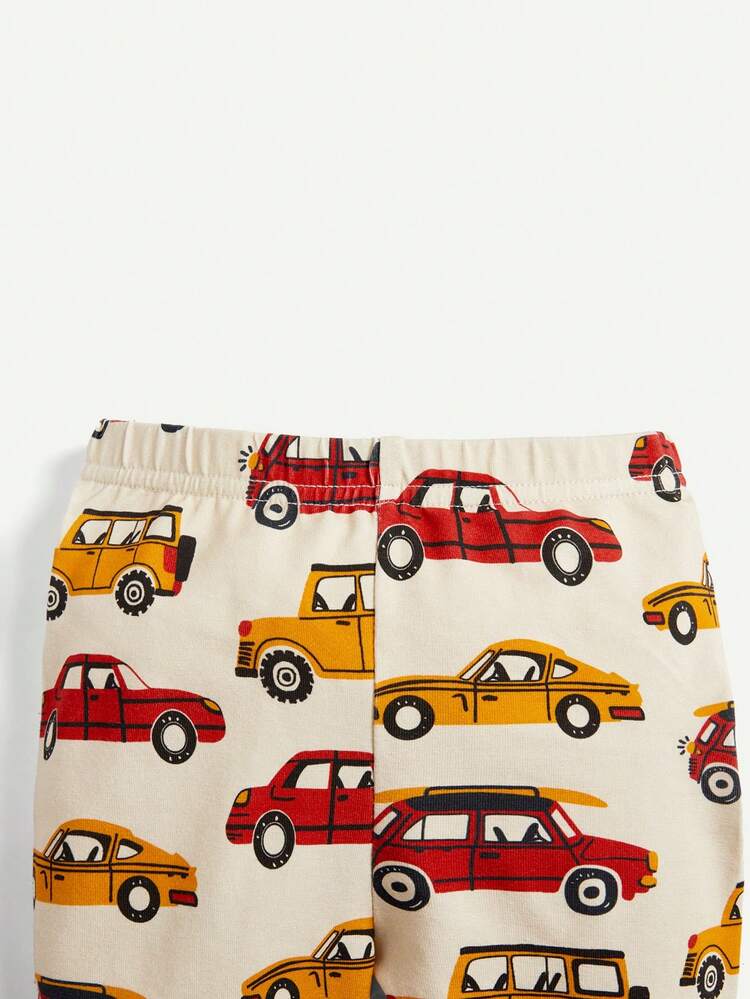 Baby Boy Snug-Fit Pajamas, High Elasticity And Comfortable, Cartoon Car Pattern, Long-Sleeve Top And Long Pants Set For Home-Wearing