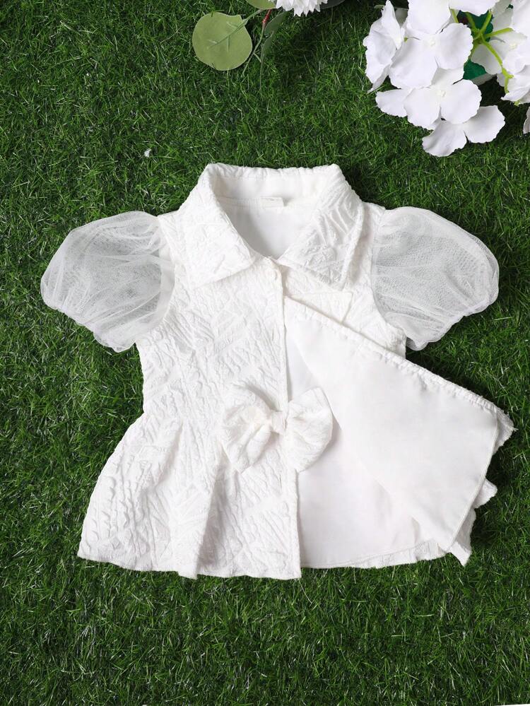 Baby Girl Party Texture Butterfly Decorated Top With Ruffle Hem And Mesh Contrast Skirt Set For Performance